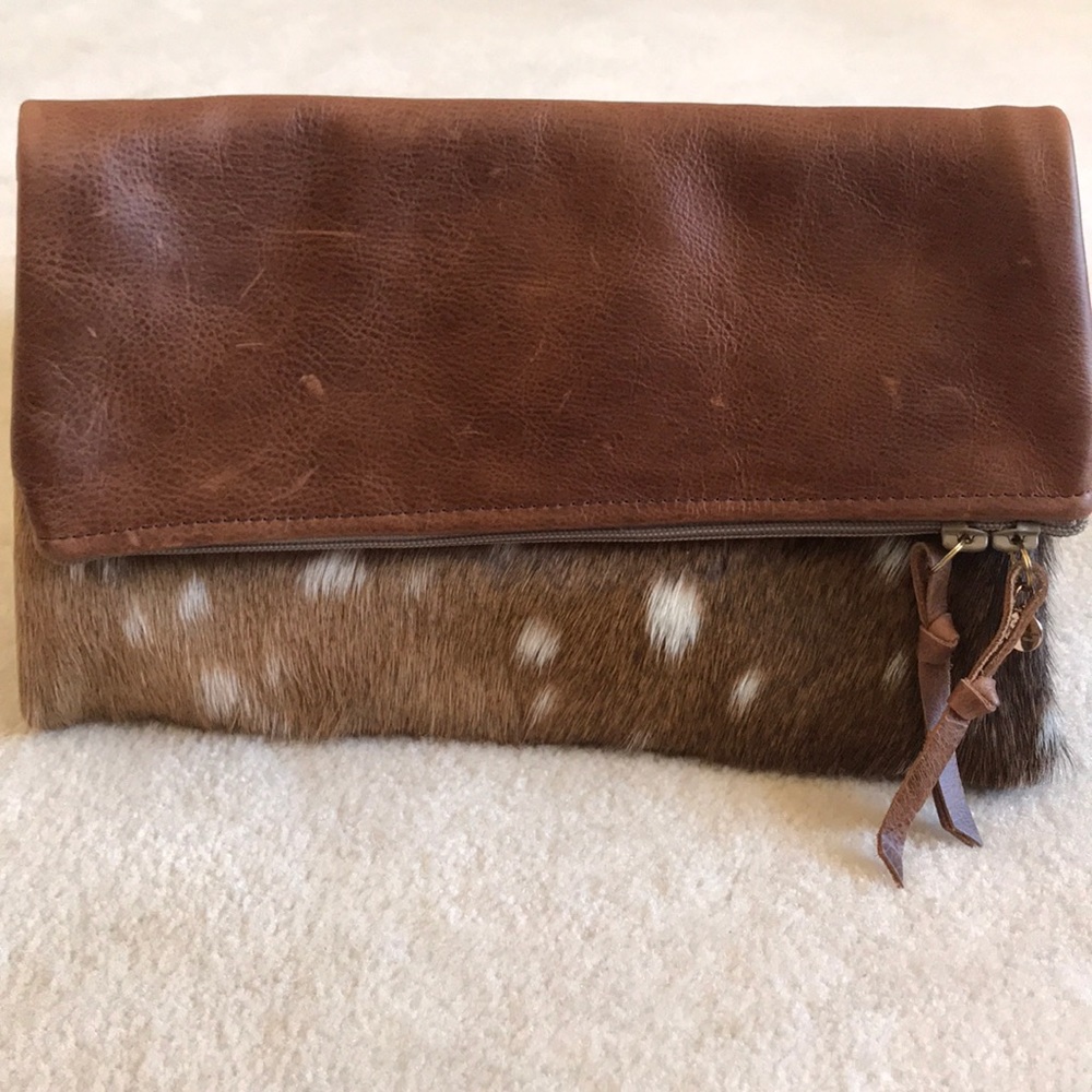 Brown Leather Clutch with faux deer fur